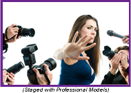 Woman with open hand facing camera and surrounded by news microphones and cameras (Staged with Professional Models).