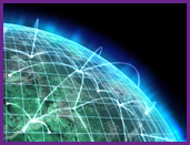 Graphical representation of the earth with archs of light connecting various locations on the globe.